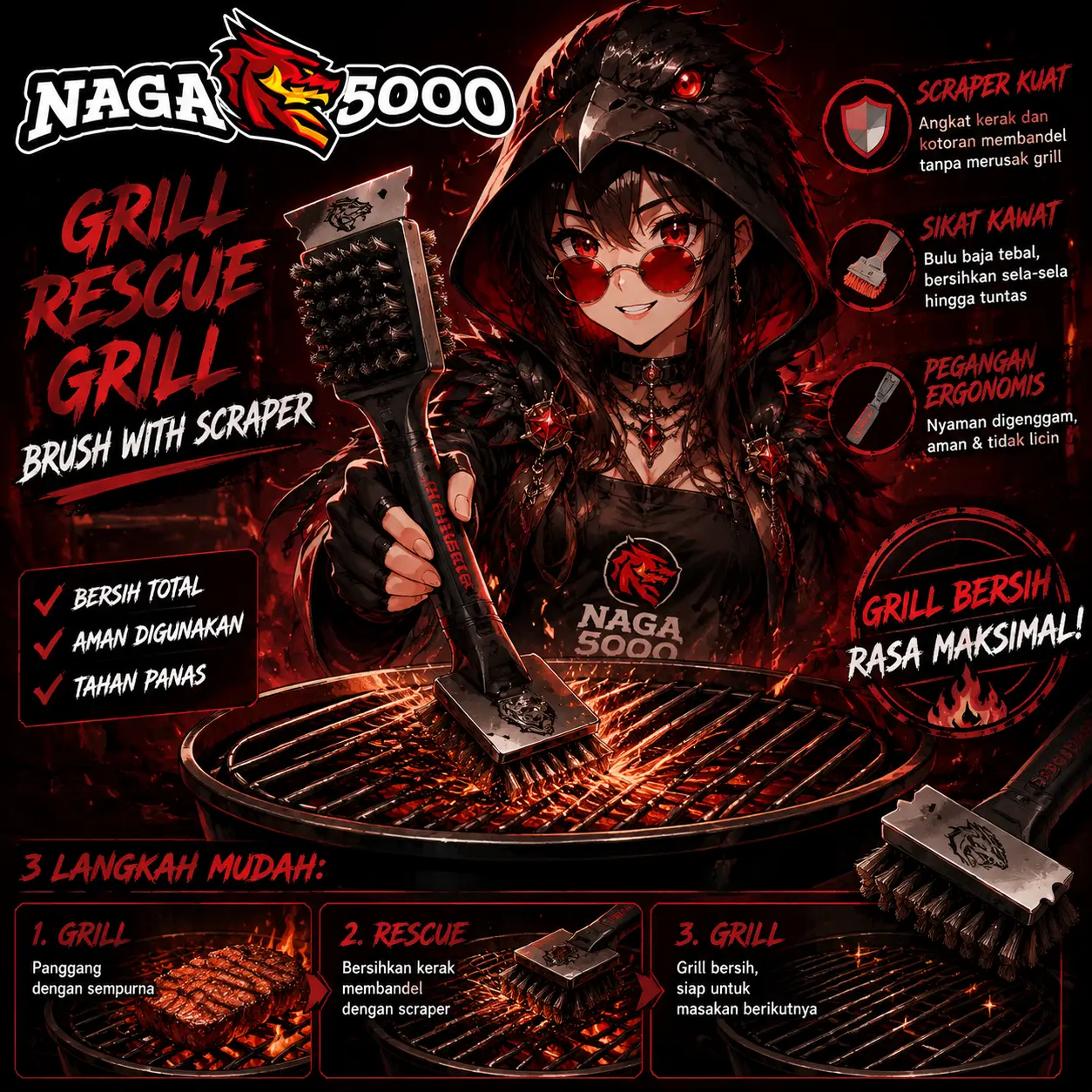 NAGA5000 | Bingung Cara Bersihin Grill? Ini ada Grill Rescue Scraper Brush untuk Membersihkan Grill Tanpa Ribet & Lebih Aman
